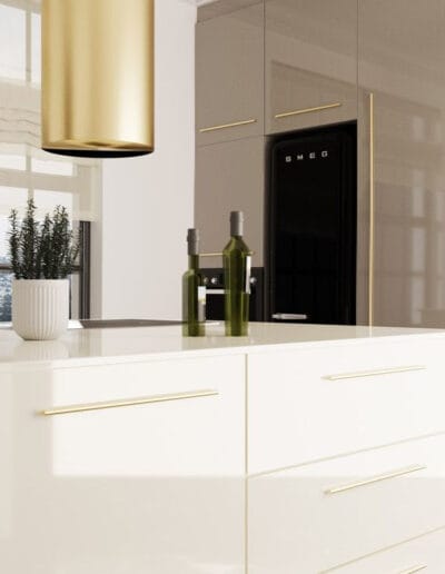 Modern konyhabútor Arkopa High Gloss extra magasfényű krém és bézs színű előlapokkal