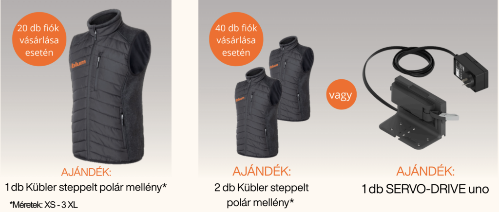 Blum fiókrendszerek promóció ajándék Kübler polár mellény és SERVO-DRIVE uno nyitásrásegítő